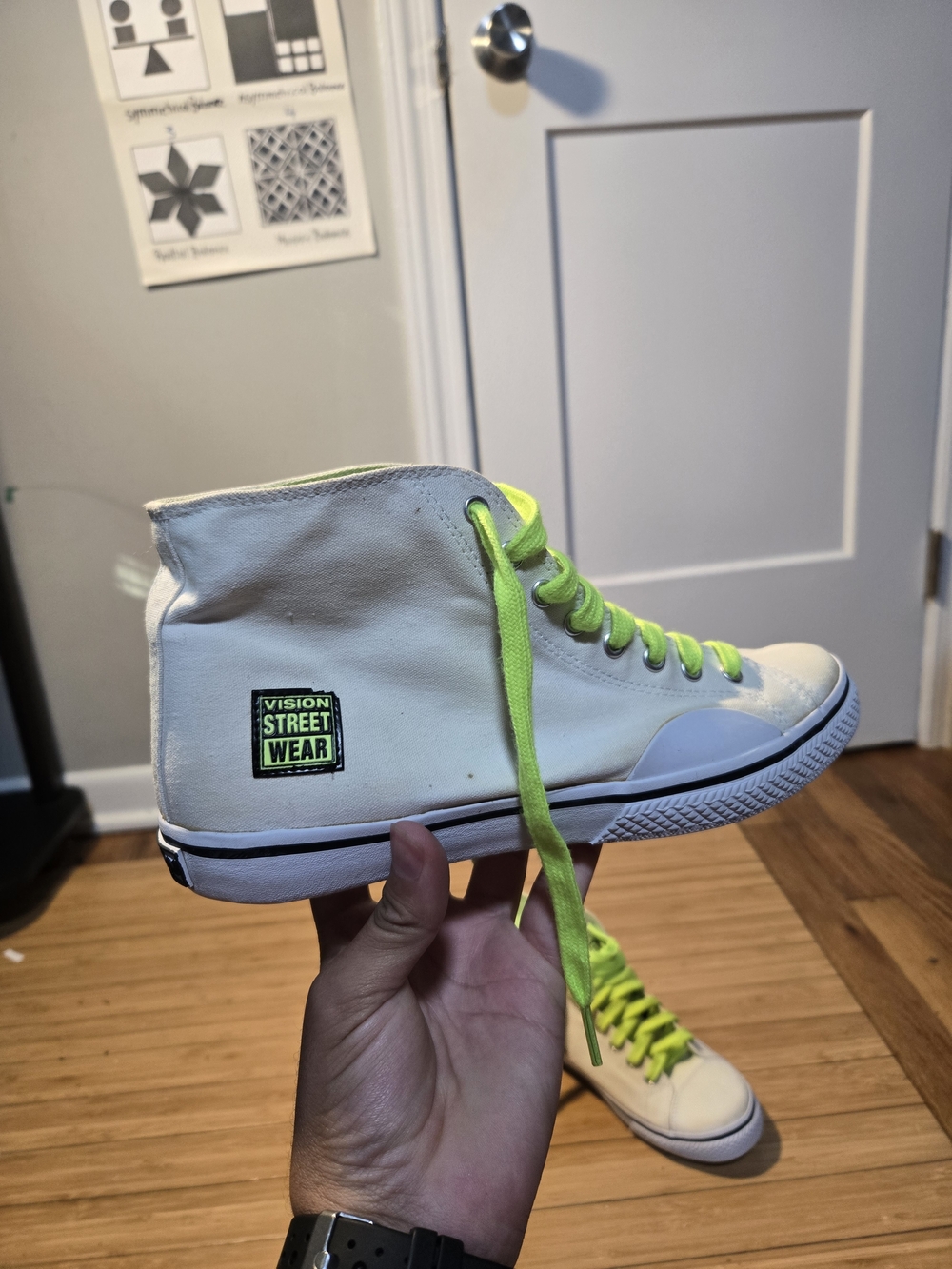 Women's White High-Top Sneakers with Neon Green Laces